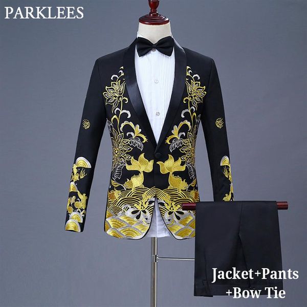 2018 Mens Broderie Robe Costumes Avec Pantalon Châle Revers Costume Noir Hommes Slim Fit Prom Stage De Mariage Grooms Chanteur Costumes Homme2099