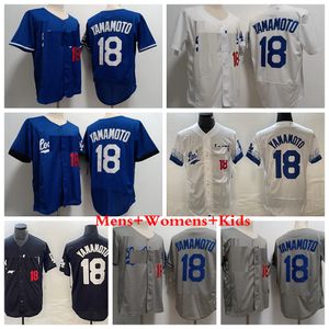 Hommes 18 Yoshinobu Yamamoto Maillots de baseball Los Femmes Enfants Angeles Gris Bleu Ville Chemises cousues