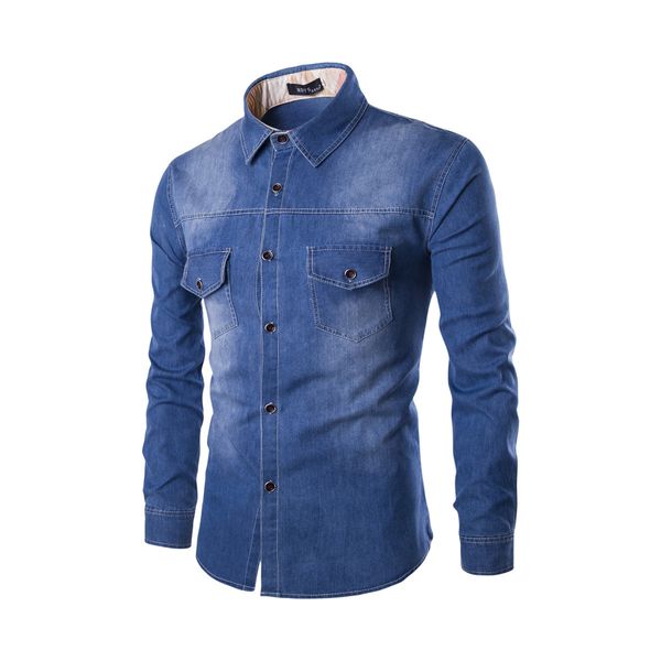 2018 hommes couleur unie coon chemise en jean poitrine double poche mince chemise en jean à manches longues simple boutonnage lavé grande taille