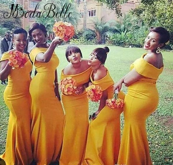 2018 sirena vestidos largos de dama de honor fuera del hombro sin tirantes Nigeria amarillo acanalado tren de barrido más el tamaño vestidos de noche largos Vestidos