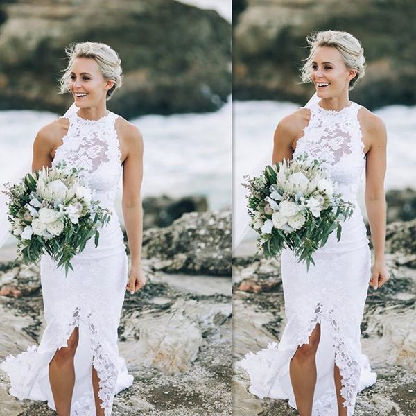 2018 robes de mariée sirène bohème bijou cou sans manches pleine dentelle appliques avant fendu longue plage pays bord de mer robes de mariée personnalisées