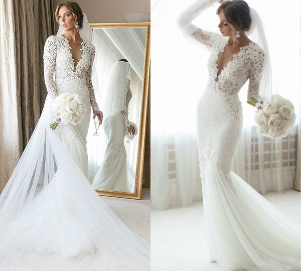 2020 Robes de mariée sirène col en V profond dentelle appliques à manches longues balayage train plage robes de mariée perles plus la taille pays robe de mariée