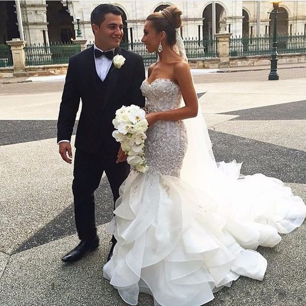 2018 Robes De Mariée Sirène Chérie Volants À Volants Organza Dentelle Appliques Perlé Cristal Corset Corsage Top Long Plus La Taille Robes De Mariée