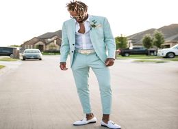 2018 Mint Green Mens Suits Slim Fit Twee stukken Beach Groomsmen Wedding Tuxedos voor mannen Peaked Rapel Formal Prom Suit jacketpants4289643