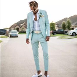 2018 Mint Green Mens Suits Slim Fit Two Pieces Groomsmen de la playa Boda para hombres Pantalones de chaqueta de traje de fiesta de fiesta de la solapa de los hombres.