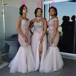 2019 bescheiden Afrikaanse bruidsmeisjesjurken Lange gemengde stijl Appliqued Lace Tule Split Side Slit Custom Made Maid Made Maid of Honor Bruidsmeisjes jurken