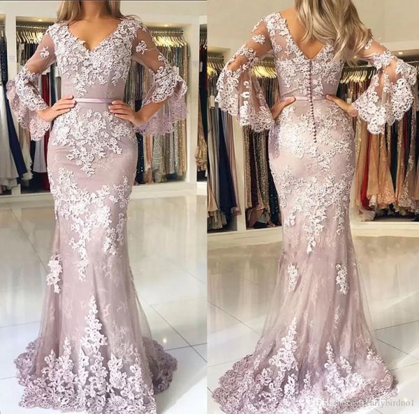 2018 Robes de bal rose poussiéreux modestes manches longues poète dentelle appliques col en V sirène balayage train ruban soirée tenue de soirée personnalisée M2135409