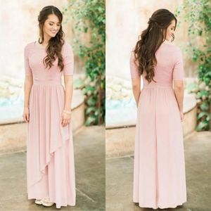 2018 Modest Rose Dusty Lange Bruidsmeisjes Jurken met Half Mouwen Kant Chiffon Land Bruiloft Bruidsmeisjes Jurken Boho Mouwen Custom Made