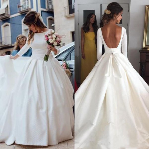 Robes de mariée blanche modestes a-ligne manches longues robes de mariée sans rechange