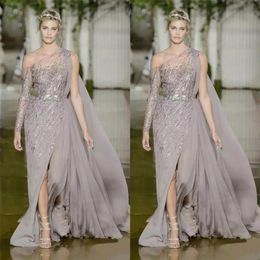 2018 modestes robes de bal Zuhair Murad avec courroie en métal paillettes en tulle A-Line Split une épaule plus taille robes de soirée 260