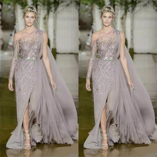 2018 modestes robes de bal Zuhair Murad avec courroie en métal paillettes en tulle A-line divisé une épaule plus taille de soirée de taille 293W