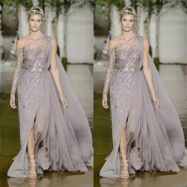 2018 Modest Zuhair Murad Vestidos de baile con cinturón de metal Lentejuelas de tul A-Line Split One Shoulder Tallas grandes Vestidos de noche205A