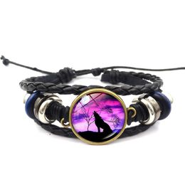 Moon Wolf Howling Glass Cabochon Bracelet Animel Charm Meerlagige wrap armbanden Bangle Cuff vrouwen kinderen mode sieraden wil en zandig