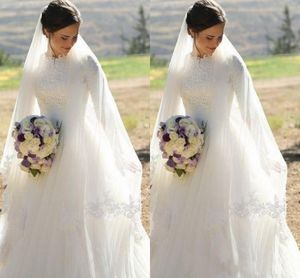 2018 Moslim Trouwjurken Hoge Hals Half Mouwen Applicaties Satijn Tule Vloer Lengte Modest Bruidsjurken Bruidsjurk Rits