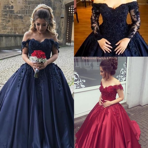 Bleu marine rouge foncé rouge quinceanera robes à manches longues à épaule manches longues cristaux perles robe de bal robe de bal robes de bal doux 16 robe robes de soirée