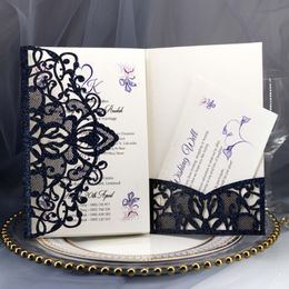 Bleu marine Paillettes Laser Cut Pocket Wedding Invitation Suites Personnalisable Invite Avec Enveloppe De Mariage Accessoire Blanc Intérieur Personnalisé