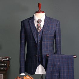 2018 Navy Check Slim Fit Men's Suits Bruidegom Tuxedos Bruiloft Bruidegoms Drie Stukken (Jaket + Vest + Broek) Formele Gelegenheidskleding Prom Suit Custom Made