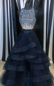 2018 marine prom jurken twee stukken ruches rok juweel strass beaded baljurken quinceanera afstuderen jurken pageant jurk echt beeld