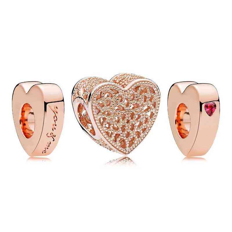 2018 NUOVO 100% argento sterling 925 fascino rosa cuori si scontrano ciondolo con perline adatti donne europee braccialetti originali set di gioielli regalo AA220315