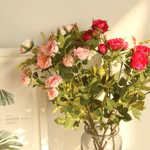 Petites branches de roses de thé artificielles en soie, 5 têtes, fausses fleurs de camélia pour la décoration de la maison, flores en plastique et en soie