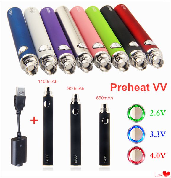 MOQ 10Pcs Cigarrillo electrónico 510 hilos batería 650 900 1100 mAh Precalentamiento VV Voltaje variable Pluma de cera baterías vapes Vape cartucho ego CE4 CE3 MT3 atomizador