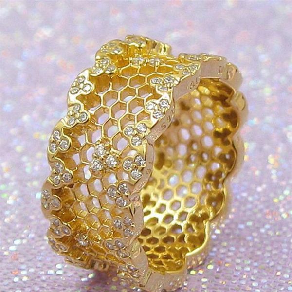 2018 nouvelle bague en argent 925 bijoux européens Pandora 18K 3mm plaqué or jaune bague en dentelle en nid d'abeille avec Clear Cz Fashion Charm Ring253G