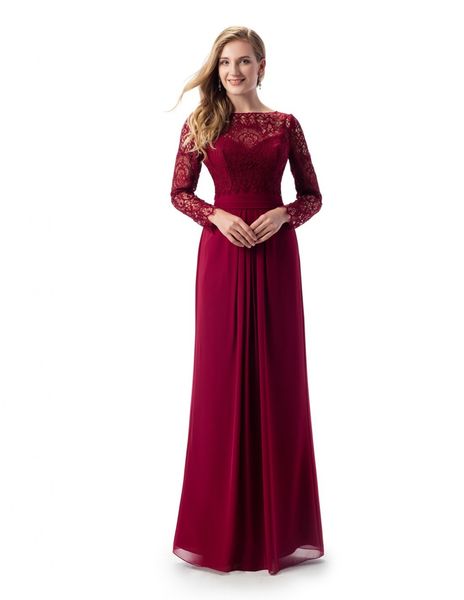 Nouvelle A-ligne Rouge Foncé Longue Modeste Robes De Mère De Mariée Avec Manches Longues En Dentelle Top En Mousseline De Soie Jupe Robe Formelle De La Mère Sur Mesure