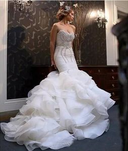 Nouvelles robes de mariée sirène africaine, plus la taille Bling cristal perlé tribunal train robes de mariée organza volants jupe à plusieurs niveaux robe de mariée