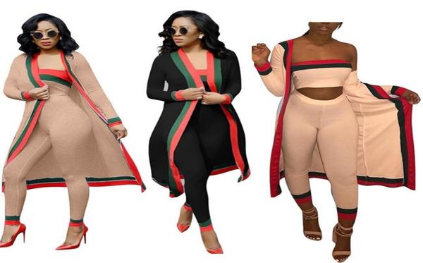 2018 Recién llegado Conjuntos de 3 piezas a rayas negras Trajes casuales Capa larga Mono sin tirantes Body Ropa de mujer Conjuntos Disfraces pl2430457