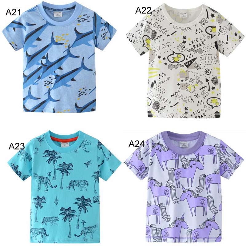 24 stilar Barnkläder Tjej pojke barn 100% bomull Kortärmad Sharlk Dinosaur Unicorn Print T Shirt Boys Girl Causal Summer T Shirt