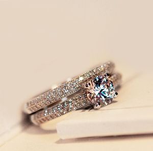 2018 nieuwe collectie merk desin luxe sieraden sprankelende 925 sterling zilveren ronde gesneden wit topaas tiny cz vrouwen bruiloft pave bruids ring set