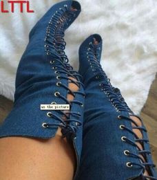 2018 nieuwe aankomst lace up gladiator sandalen laarzen dij hoge vrouwen denim laarzen over knie hoge hak booties peep teen partij schoenen