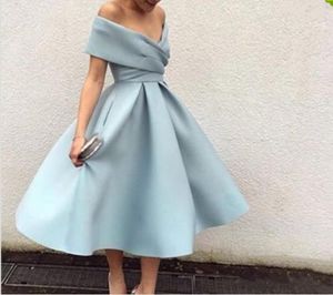 2019 Nouvelle arrivée robe de cocktail bleu clair sur l'épaule longueur de thé robes de bal courtes de haute qualité robes de soirée robe formelle