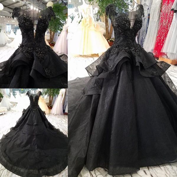 Recién llegado, vestidos de boda negros de lujo, corte gótico, vestido de novia Vintage, tren largo de princesa, mangas casquillo con cuentas, vestidos de novia