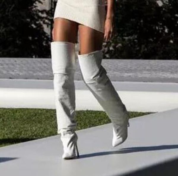 2018 nouveauté femmes sur les bottes hautes au genou haut gladiateur cuisse haute chaussons blancs 12cm talon mince mujer bota chaussures de soirée point