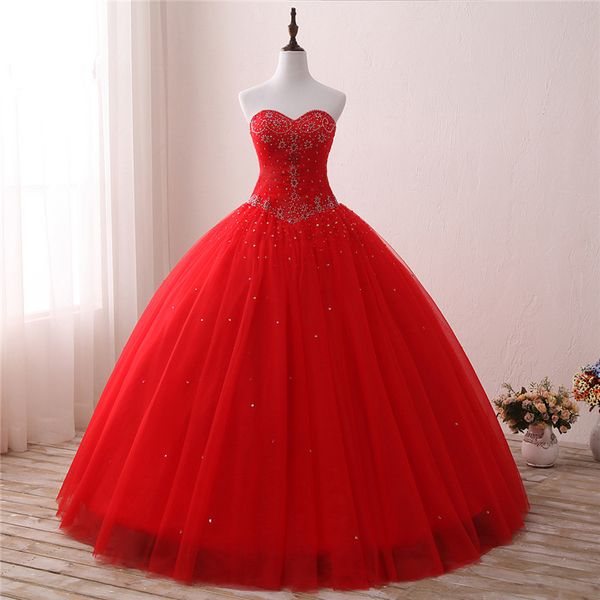 2021 vraie Photo rouge cristal robe de bal Quinceanera robe avec perles paillettes Tulle doux 16 Vestido Debutante robes BQ117