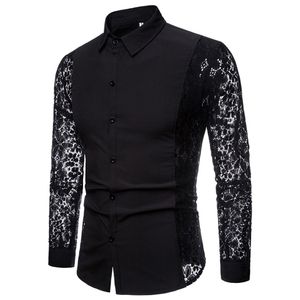 2018 Nieuwe Herfst Zwart Wit Patchwork Kant Shirt Mannen Transparante Sexy Party Lange Mouw Overhemden camisa sociale masculina246N