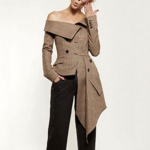 2018 nouveau automne femmes Blazers manteau à manches longues asymétrique Plaid nouveau Slash cou dame bureau marron vestes manteau tenues décontractées