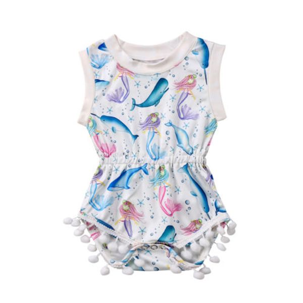 2018 nueva ropa de bebé niña verano delfines sirena impresión borla bebé recién nacido mameluco traje de sol trajes de niños ropa de bebé