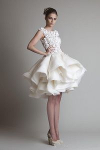 2021 New Bateau sin mangas A-Line Mini Beach Wedding Vestidos de novia Krikor Jabotian Organza Ruffles Vestido de novia corto 2018