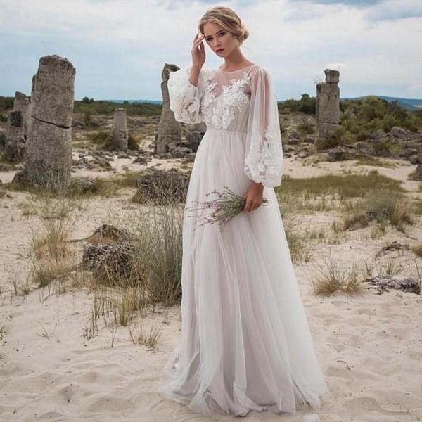 2018 nouvelles robes de mariée Boho manches longues robes de mariée bohème Appliques Tulle longueur de plancher robes de mariée de plage robes de mariée pas cher