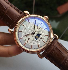 Bruin lederen mode horloge mechanische mannen roestvrij staal automatische beweging wikkeling saffier spiegel waterdichte functie