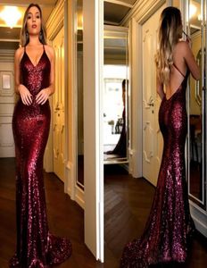 2018 Nouvelle sirène à paillettes de Bourgogne Robes de bal sexy Deep V Neck Backless Robes de fête de soirée Portez des femmes robes de bal Robes7870272