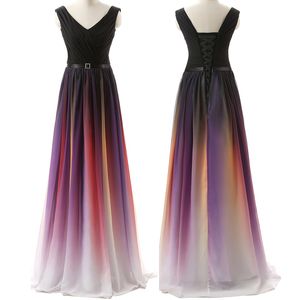 2018 nieuwe goedkope gradiënt lang een lijn chiffon prom avondjurken vrouwen formele jurken vloer lengte veter-up feestjurk QC1108