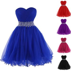 2018 Nieuwe Goedkope Royal Blue Tulle Korte Homecoming Jurken Plus Size Beaded Crystals Graduation Gown Prom Cocktail Party Gown QC1165