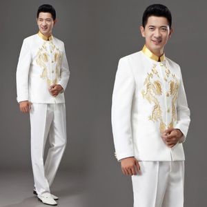 2018 Nieuwe kledingprestaties Chorus Stage Kostuum Retro Chinese stijl Host Tunic Suits Coat + broek Red Witte heren Unieke slijtage