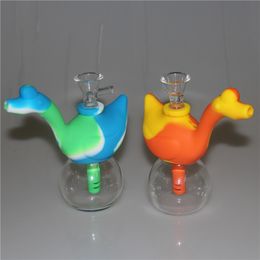 2018 Nuevos Bongs de silicona coloridos para fumar Pipa de agua de vidrio Pipas de tabaco para cachimba portátil con recipiente de vidrio Vaporizador de cera de hierba seca Colores múltiples