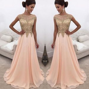 2018 nieuwe ontwerp Arabische perzik boot hals lange prom jurken illusie gouden kant applicaties cap sleeves chiffon formele feest avondjurken slijtage