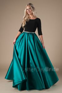 Nouveau design long robes de pom modestes vert noir formel avec manches satin jupe simple élégant adolescents de bal de bal de fête de fête fabriquée sur mesure