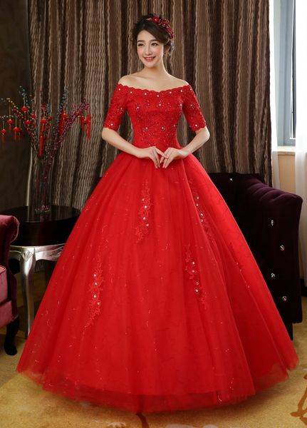 Livraison gratuite 2018 New Desing Demi Manches Rouge Blanc Robes De Mariée Princesse Dentelle Sexe Robes De Mariée Qualité Robes De Mariage